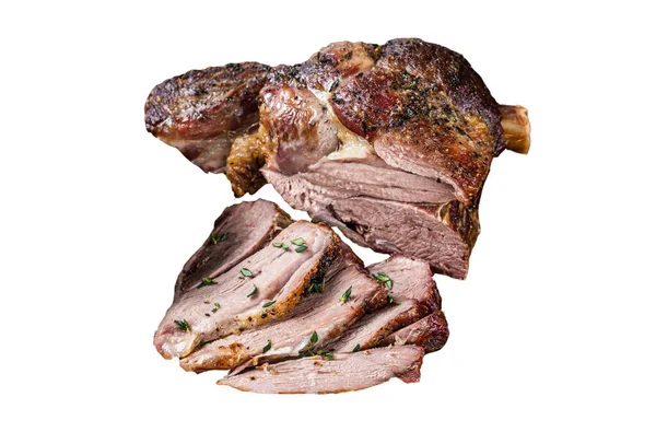 Bbq Roast Lamb Mutton Leg Sliced Rustic Plate Isolated White — Stock Photo, Image