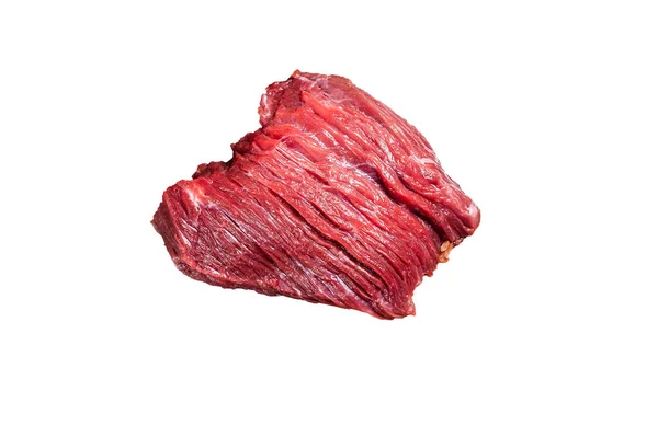 Carne Açougueiro Com Carne Veado Cru Isolado Sobre Fundo Branco — Fotografia de Stock