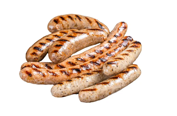 Grilled Bratwurst Meat Sausages Steel Tray Herbs Isolated White Background — Stock Photo, Image