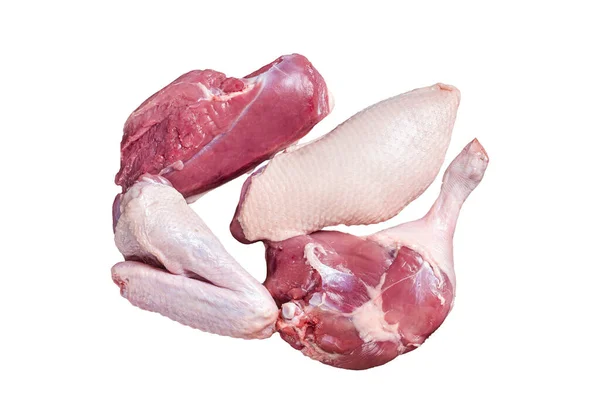 Kacsamell Filé Lábak Szárnyak Nyers Hús Egy Hentes Vágódeszkán Fehér — Stock Fotó