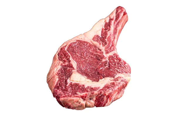 Nyers Cowboy Steak Bordaszelet Csonttal Márványhús Hentes Vágódeszkán Fehér Alapon — Stock Fotó