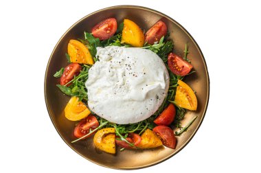 Kiraz domatesli İtalyan Burrata peyniri ve taze roka. Beyaz arkaplanda izole.