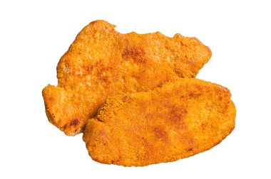 Kızarmış Alman sosis şnitzeli bir tabakta. Beyaz arkaplanda izole.