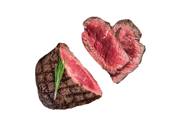 Pečený Hovězí Steak Nakrájený Dřevěnou Řezací Desku Izolováno Bílém Pozadí — Stock fotografie