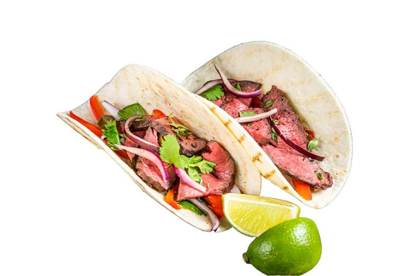 Tacos Bife Mexicano Com Carne Vaca Coentro Molho Verde Jalapenos — Fotografia de Stock