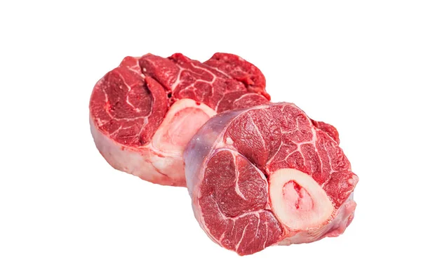 Rauwe Osso Buco Kalfsvlees Steak Vlees Ossobuco Geïsoleerd Witte Achtergrond — Stockfoto