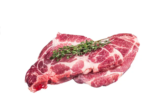 Syrové Vepřové Steaky Čerstvé Maso Řeznickém Stole Izolováno Bílém Pozadí — Stock fotografie