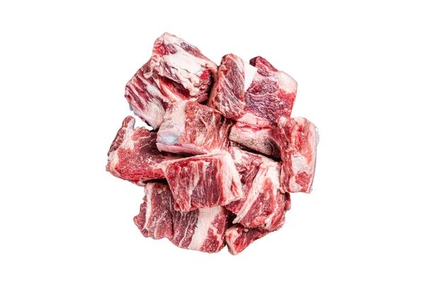 Roh Gewürfeltes Rindfleisch Und Marmoriertes Lammfleisch Einem Stahlblech Isoliert Auf — Stockfoto