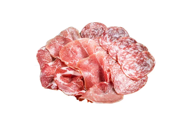 Carne Charcuterie Placa Com Prosciutto Crudo Salame Salsicha Coppa Isolado — Fotografia de Stock