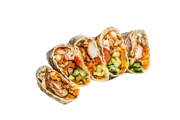 Kuřecí Rolka Kebab Durum Doner Masovým Zeleninovým Salátem Izolováno Bílém — Stock fotografie