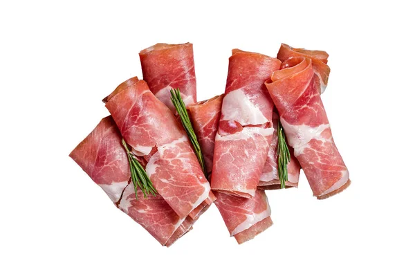 Traditionele Spaanse Jamon Serrano Ham Marmeren Boord Geïsoleerd Witte Achtergrond — Stockfoto