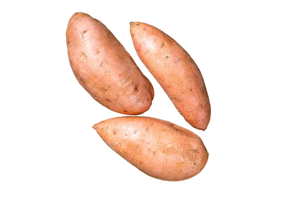 Rauwe Zoete Aardappelen Keukentafel Verse Batata Geïsoleerd Witte Achtergrond — Stockfoto