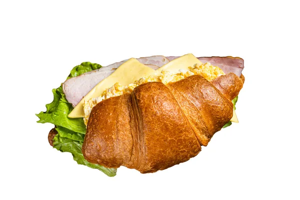 羊角三明治配蛋奶酪和绿叶生菜沙拉叶 健康的早餐 因白人背景而被隔离 — 图库照片