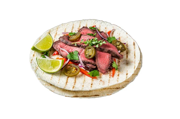 Taco Van Mexicaans Rundvlees Fajitas Alambre Met Jalapeno Paprika Geïsoleerd — Stockfoto