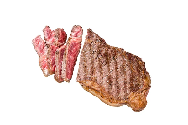 Τρίβεται Φέτες Μπάρμπεκιου Striploin Μαρμαροειδές Μοσχαρίσιο Κρέας Μπριζόλα Απομονωμένα Λευκό — Φωτογραφία Αρχείου