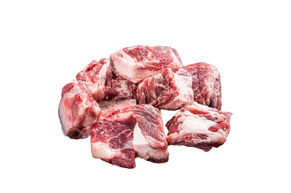 Carne Crua Cubos Carne Cordeiro Marmóreo Bandeja Aço Cozinha Isolado — Fotografia de Stock
