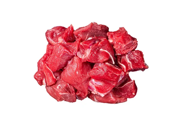 Ωμό Τεμαχισμένο Κόκκινο Βοδινό Κρέας Για Goulash Μαρμάρινο Πίνακα Απομονωμένα — Φωτογραφία Αρχείου