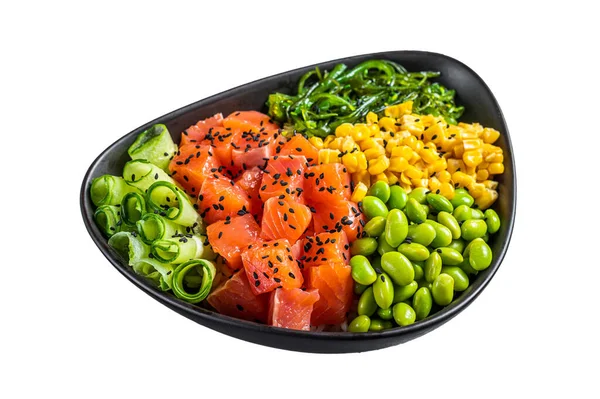 Zalm Poke Bowl Met Komkommer Edamame Rijst Geïsoleerd Witte Achtergrond — Stockfoto