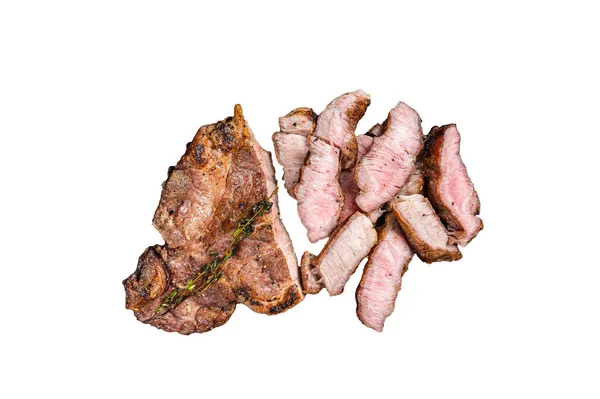 Grilovaný Vepřový Steak Mramorové Desce Izolováno Bílém Pozadí — Stock fotografie