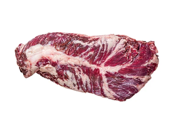Carne Crua Pendurada Bife Carne Vaca Isolado Sobre Fundo Branco — Fotografia de Stock