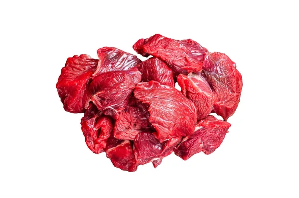 Färskt Rått Tärnat Nötkött Kalvkött För Matlagning Shish Kebab Isolerad — Stockfoto