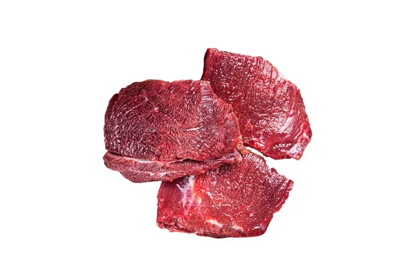 Venado Crudo Carne Querida Tablero Cortar Carnicero Carne Caza Aislado —  Fotos de Stock