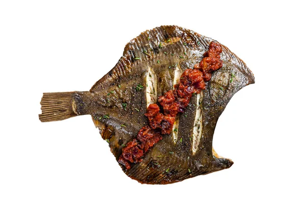 Flounder Panggang Atau Plaice Dengan Saus Tomat Papan Potong Kayu — Stok Foto