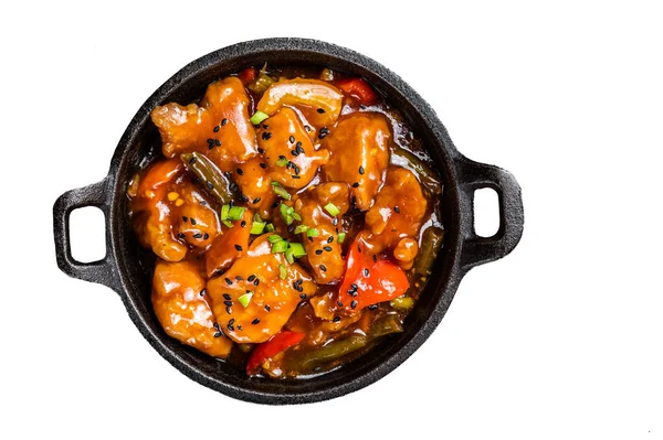 Chinese Sweet Sour Chicken Colorful Bell Pepper Skillet Isolated White — Stock Photo, Image