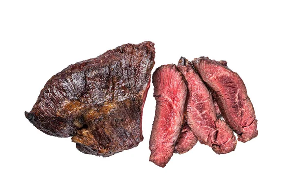 Pečený Věšák Nebo Onglet Nakrájeli Hovězí Steak Stůl Izolováno Bílém — Stock fotografie