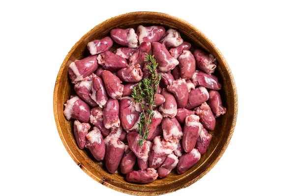 Raw Chicken Hearts Wooden Plate Herbs Organic Offals Isolated White — Stock Photo, Image