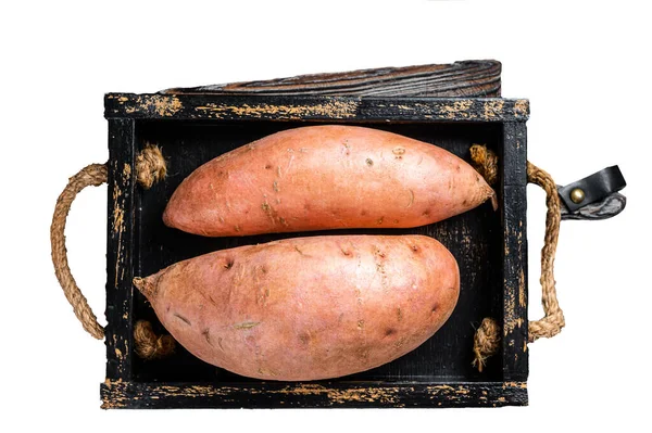 Rohe Süßkartoffeln Einem Hölzernen Tablett Frische Batata Isoliert Auf Weißem — Stockfoto