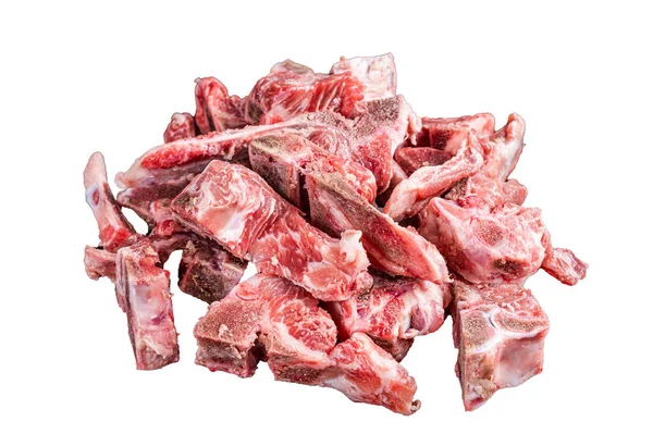 Rauw Vlees Het Bot Blokjes Gesneden Voor Stoofpot Geïsoleerd Witte — Stockfoto