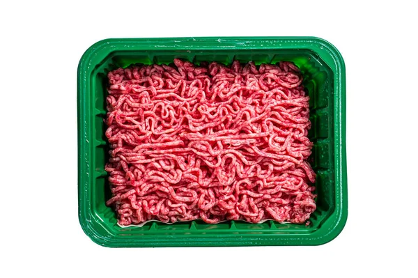 Raw Minced Meat Een Plastic Container Gemalen Rundvlees Geïsoleerd Witte — Stockfoto