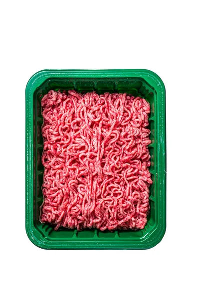 Raw Minced Meat Een Plastic Container Gemalen Rundvlees Geïsoleerd Witte — Stockfoto