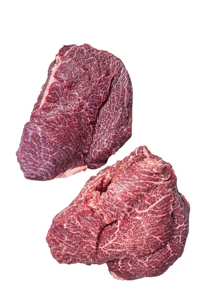 肉屋のテーブルの上で伝統的なドイツの生の牛肉の頬 白地に隔離された — ストック写真