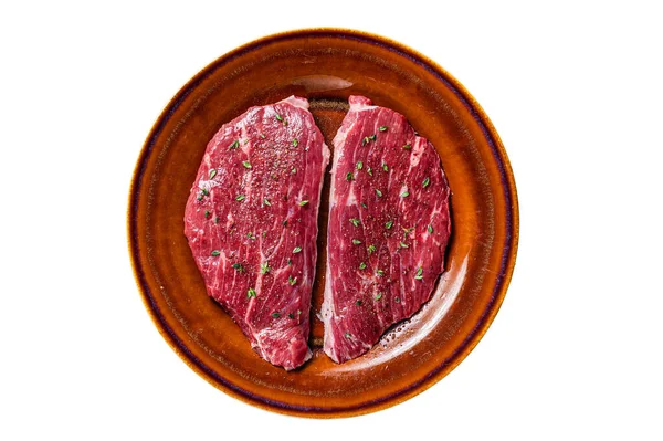 Raw Rump Cap Steak Top Sirloin Steak Rustic Plate Thyme — Stock Photo, Image