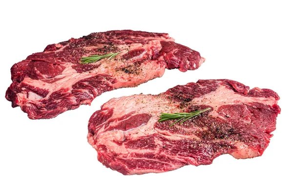 Baharatlı Zeytinyağlı Mermer Biftekler Taze Biftekler Beyaz Arkaplanda Izole — Stok fotoğraf