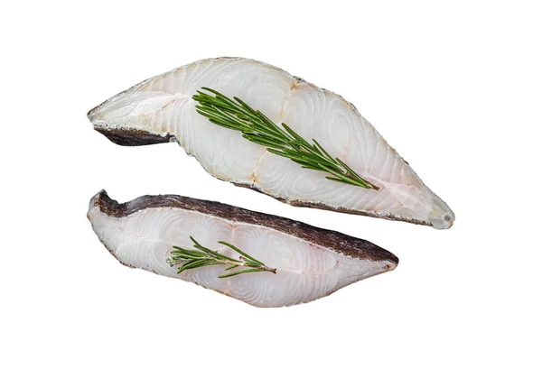 Daging Ikan Halibut Mentah Baki Kayu Dengan Herbal Terisolasi Pada — Stok Foto