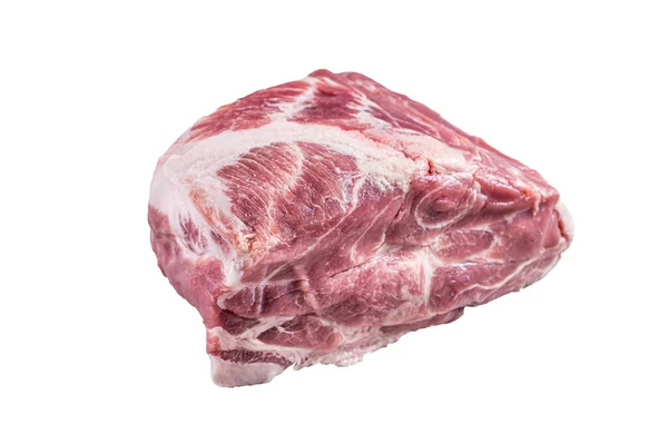 把生猪颈肉放在厨房的桌子上做排骨牛排 因白人背景而被隔离 — 图库照片