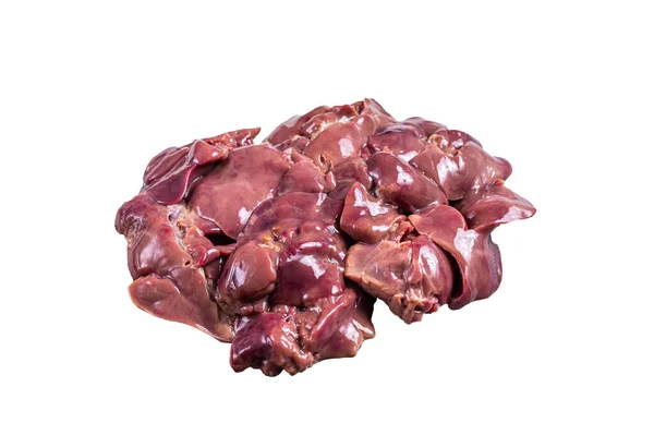 Rohes Hühnerleberfleisch Auf Dem Schlachttisch Isoliert Auf Weißem Hintergrund — Stockfoto