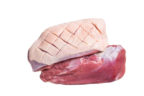 肉屋のテーブルの上のアヒルの胸フィレ 生の鶏肉 白地に隔離された — ストック写真
