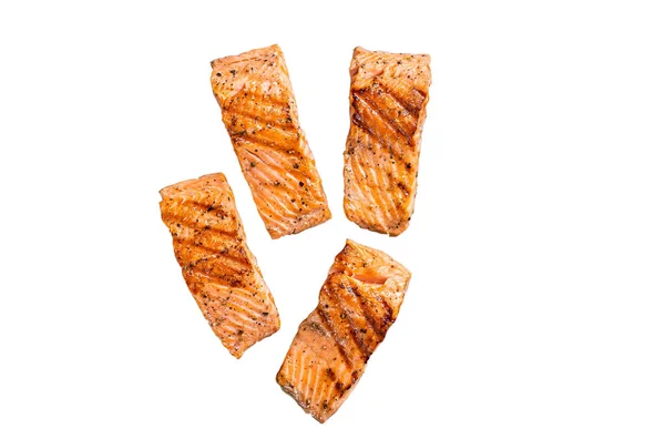 Grilled Salmon Fillets Steaks Salt Pepper Herb Grill Isolated White — Stock Photo, Image