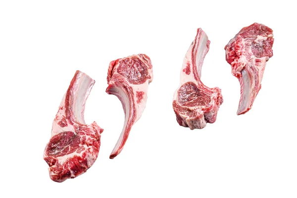 Costeletas Carne Cordeiro Cruas Uma Mesa Açougue Isolado Sobre Fundo — Fotografia de Stock