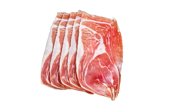 Traditional Spanish Sliced Jamon Serrano Ham Cutting Board Isolated White — Stock Photo, Image