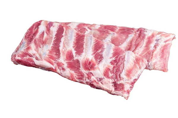 Rek Van Rauwe Varkensvlees Spareribs Slager Tafel Geïsoleerd Witte Achtergrond — Stockfoto