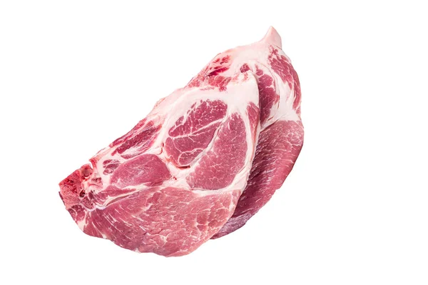 塩とタイムできれいに肉屋の肉の生首肉から新鮮な豚肉の柔らかいステーキ 白地に隔離された — ストック写真