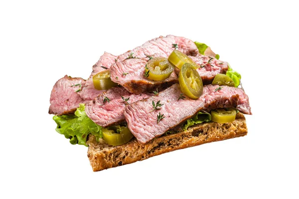Griiled Steak Sandwich Met Gesneden Rundvlees Raket Groenten Brood Geïsoleerd — Stockfoto