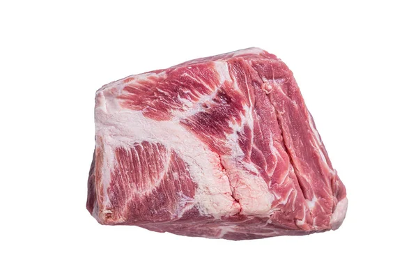 生の豚の首肉をキッチンテーブルの上でチョップステーキ用に 白地に隔離された — ストック写真