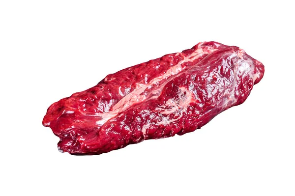 Raw Hanging Zartes Rindfleisch Steak Isoliert Auf Weißem Hintergrund — Stockfoto
