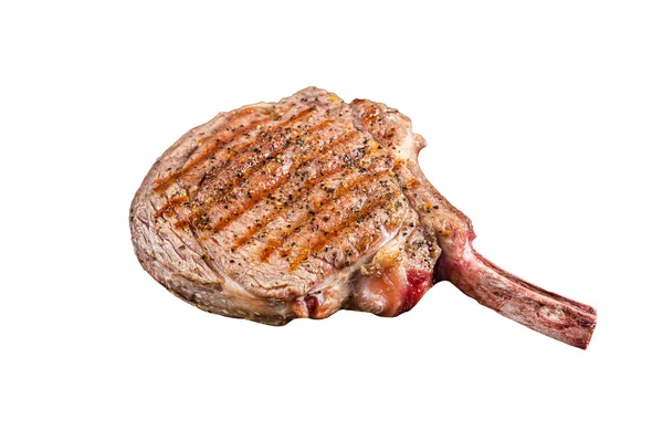 烤肉烤战斧牛肉牛排放在肉桌上 因白人背景而被隔离 — 图库照片